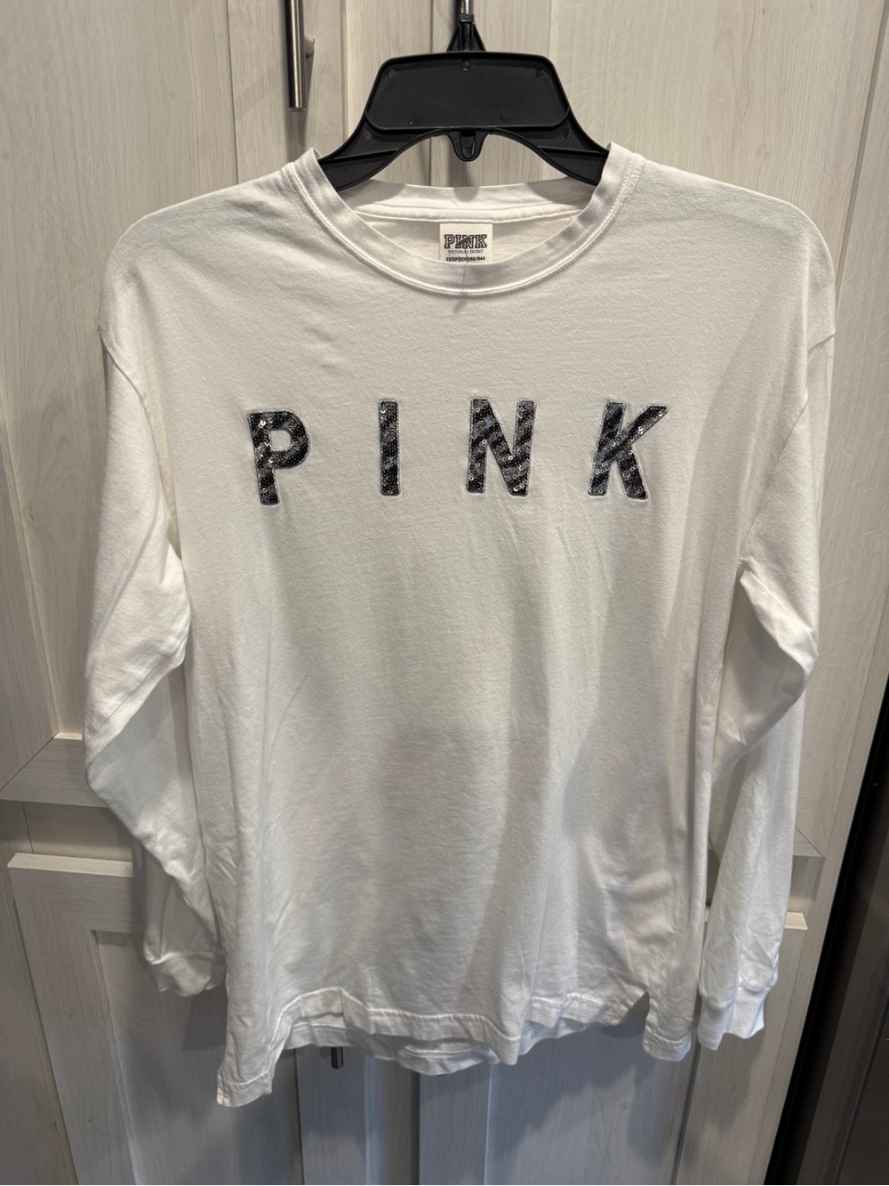 PINK Victoria's Secret White Long-Sleeve Logo Tee with Black Lettering